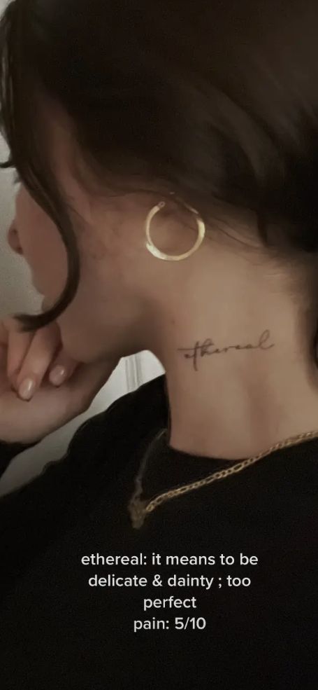 Heavenly Neck Tattoos, Neck Cursive Tattoo, Ethereal Neck Tattoo, Neck Tattoo Cursive, Ethereal Word Tattoo, Eternal Tattoo Word, Neck Word Tattoos Women, Cursive Tattoos For Women, Side Neck Tattoo Writing