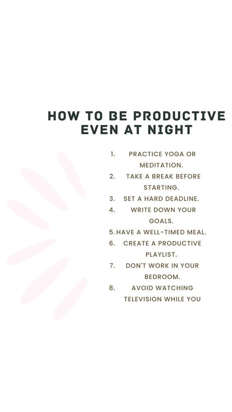 if you're wondering how to be productive at home. Research has shown sleep might be the most important factor influencing our productivity. In fact, not getting enough sleep is similar to being drunk, according to studies. Every so often, though, you’ll have a counterproductive day at work and need to pick up the slack before bed. But this situation raises an important question: If you’re going to stay up late working, how do you stay productive? Stay Up Late, How To Be Productive, Stay Productive, Be Productive, Before Bed, Stay Up, Take A Break, Self Improvement Tips, How To Take