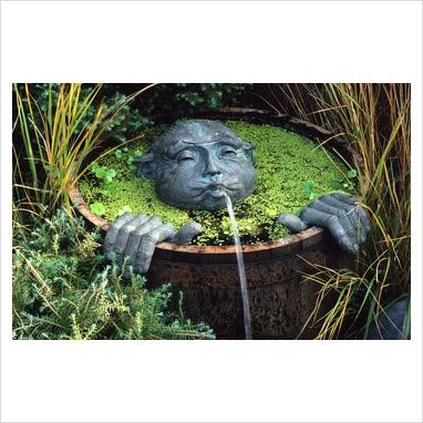 Wooden half barrel pond with spitting man fountain by Dennis Fairweather Waterfall Diy, Container Art, Japanese Gardens Design Ideas, Container Water Gardens, Fountain Design, Japanese Garden Design, Water Gardens, Water Features In The Garden, Garden Fountain