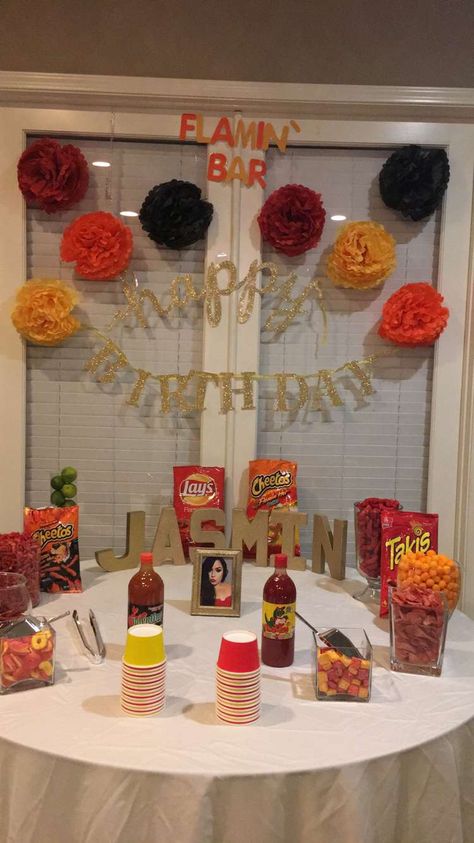 Hot Cheetos bar #flaminhot Hot Cheetos And Cheese Bar, Hot Cheetos Bar, Hot Cheetos Party, Unt Graduation, Party Snack Table, Sloth Party, Crazy Birthday, 14th Birthday Cakes, Kylie Birthday