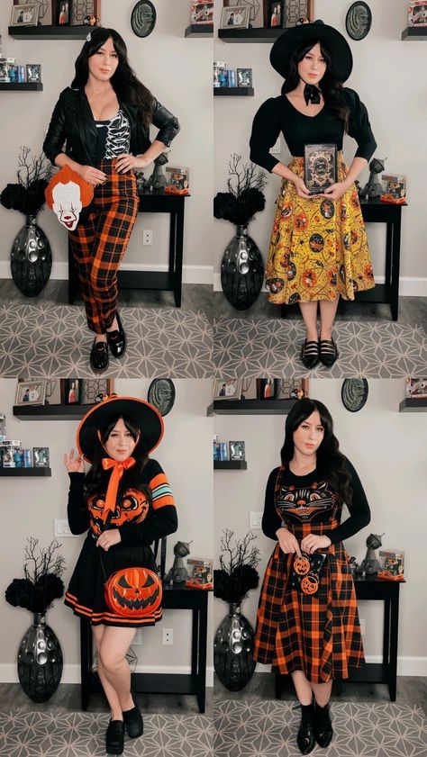 Halloween Outfit For Teacher, Rock Teacher Outfits, Halloween Skirt Outfit, Halloween Fall Outfits For Women, Spooky Clothes Aesthetic, Halloween Office Outfit, Casual Pinup Outfit, Gothabilly Outfits, Quirky Outfits For Women