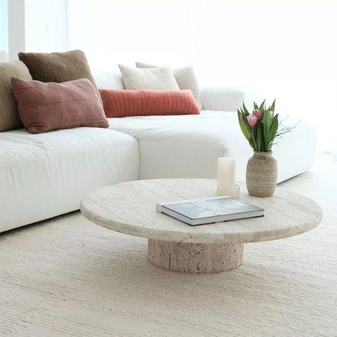 New travertine coffee table: Redon 🤍 It is available in 80 and 100 cm Marmer Coffee Table, Travertino Coffee Table, Oval Stone Coffee Table, Coffee Table Travertine, Travertine Coffee Table Living Room, 2 Coffee Tables Together, Table Travertin, Travertine Table, Coffee Table Stand