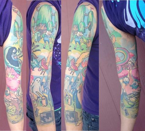 Adventure Time sleeve by Chelsea Rhea @ Amulet Tattoo, St. Pete FL - Imgur Lilo And Stitch Tattoo, Mario Tattoo, Adventure Time Tattoo, Body Aesthetics, Type Tattoo, Sick Tattoo, God Tattoos, Pokemon Tattoo, Full Sleeve Tattoo