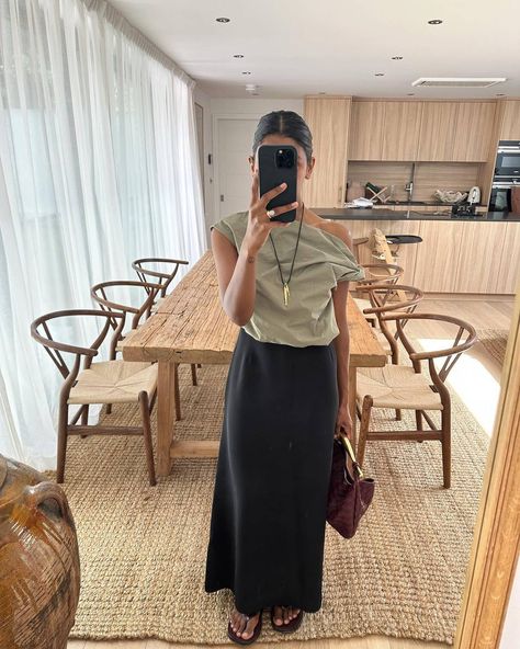 Sage Green Is the Trend I Can't Wait to Wear This Auumn | Who What Wear UK Sage Outfits, Sage Green Outfit, Sage Green And Black, Colorful Summer Outfits, Mark My Words, Green Jumpers, Slinky Dress, Plain White Tee, 2020 Fashion Trends