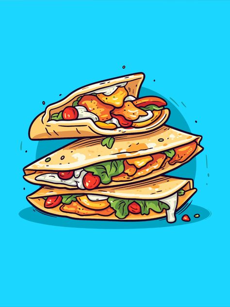 Quesadilla Illustration, Quesadilla Drawing, Food Mural, Food Animation, Menu Poster, 30 Day Drawing Challenge, Vector Food, Chicken Quesadillas, Secret Sauce