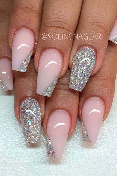 Nails Original, Wedding Nail Art Design, Valentine Nails, Wedding Nails Design, Nail Art Wedding, Bride Nails, Pink Prom, Silver Sparkle, Bridal Nails