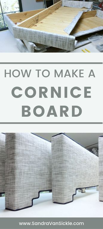 Cornice Board With Curtains, Cornice Valance Ideas, How To Make A Pelmet Board, Window Box Valance Ideas, How To Make A Cornice Board, How To Make A Cornice Valance, Large Window Cornice, Curtain Valance Ideas Diy Bedroom, Upholstered Cornices For Windows