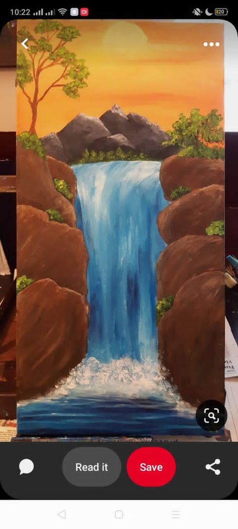 Easy Waterfall Painting, Waterfalls Painting, Rock Diy, Rainbow Ideas, Diwali Drawing, Waterfall Painting, Painting Rainbow, Easy Landscape Paintings, Waterfall Paintings