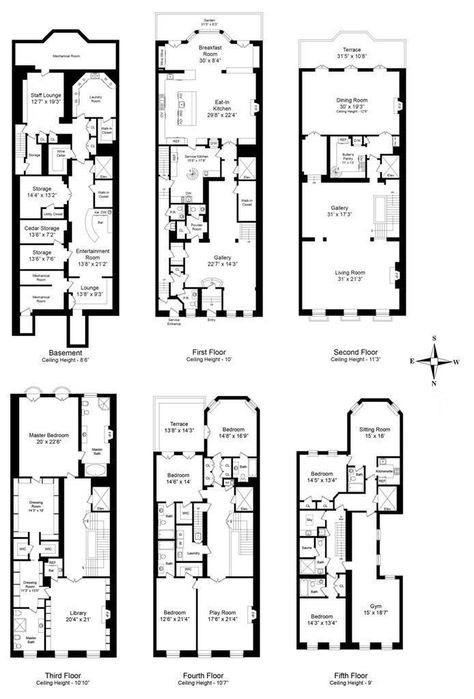 House Plans 8 Bedrooms, Real Architecture, Mansion House Plans, Square House Plans, City Houses, New York Townhouse, Vanderbilt Mansions, Street Townhouse, Row Houses