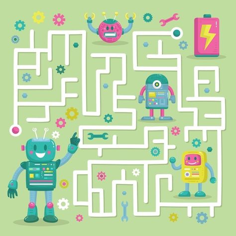 Maze Game Design, Robot Birthday Party, First Grade Math Worksheets, Escape Room Puzzles, Robot Party, Mazes For Kids, Maze Puzzles, Maze Game, Shapes For Kids