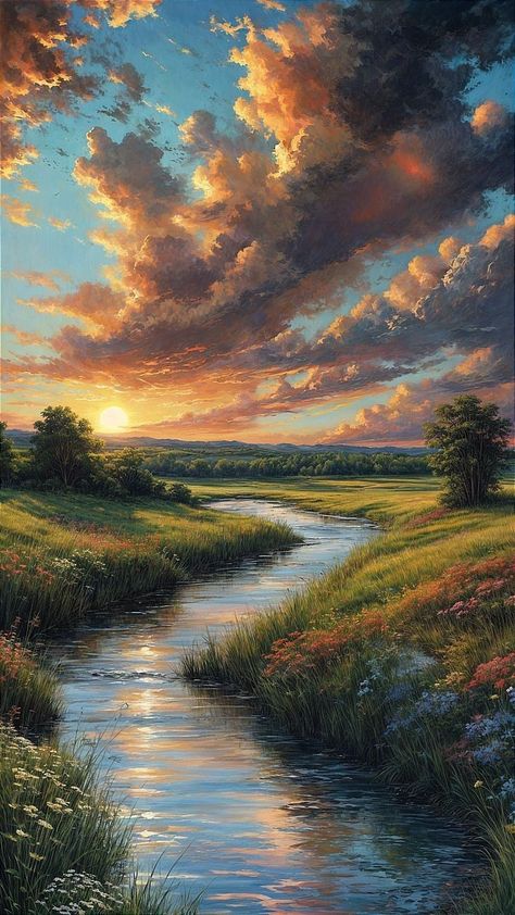 Paintings That Make You Feel Something, Painting Nature Acrylic, Ethereal Landscape Painting, Relaxing Paintings Ideas, Scenery Paintings Acrylic, Landscape Pastel Drawing, Beautiful Nature Painting, Sun Painting Ideas On Canvas, Classic Paintings Landscape