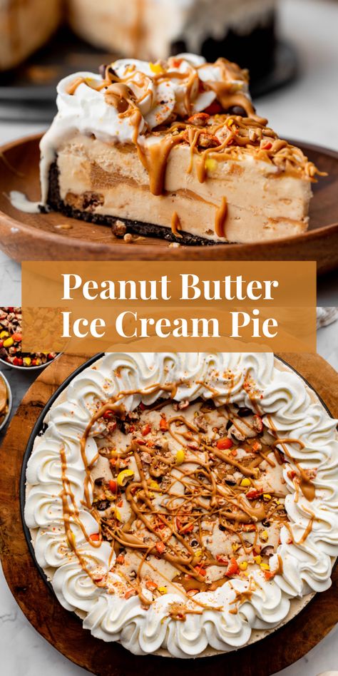 This 6-ingredient peanut butter ice cream pie combines a no-bake Oreo cookie crust, easy peanut butter ice cream filling, and Reese's Pieces. #icecreampie #peanutbutter #summerdesserts #easydesserts Cookies And Cream Ice Cream Pie, Ice Cream Peanut Butter Pie, Easy Ice Cream Pie, Ice Cream Pie Recipes, Peanut Butter Ice Cream Pie, Peanut Butter Ice Cream Cake, Frozen Pies, Peanut Butter Crust, Cupcake Desserts