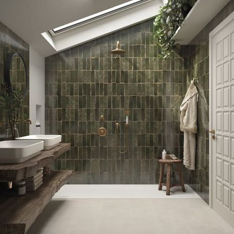 Olive Green Tiles In Bathroom, Earthy Interior Design Bathroom, Large Green Bathroom Tiles, Green And Copper Bathroom Ideas, Dark Walls Interior, Green Wet Room, Olive Feature Wall, Green Tile Accent Wall Bathroom, Earthy Tile Bathroom