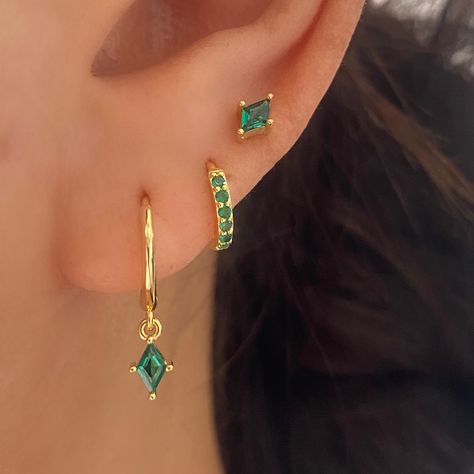 Emerald Green Dangle Drop Earring Gift Set, 925 Sterling Silver with 18k Gold plated, 3 Pair 2 Pair Earring Stack Set, Green Stud, Gift by AnettJewellery on Etsy Three Piece Earring Set, Emerald Earring Stack, Green Earring Stack, 3 Earring Stack, Emerald Green Jewelry Set, Gold Earring Stack, Gold Earring Set, Earring Stacks, Gold Earrings Set