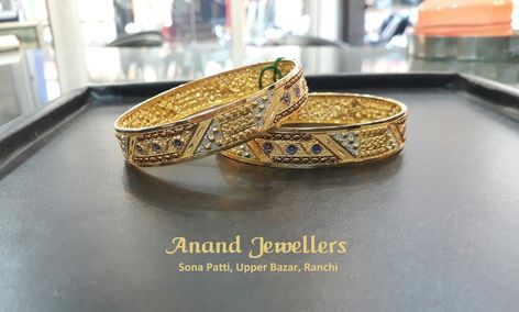 Visit Anand Jewellers at Sona Patti (Opp Bina Bastralaya), Upper Bazar, Ranchi for a wide range of gold bangles and other gold, silver and diamond jewellery and gemstones.  Pictured: Gold Bangles (28.950 g) Diamond Jewellery, Gold Bangles, Diamond Jewelry, Cuff Bracelets, Bangles, Range, Gemstones, Silver, Gold