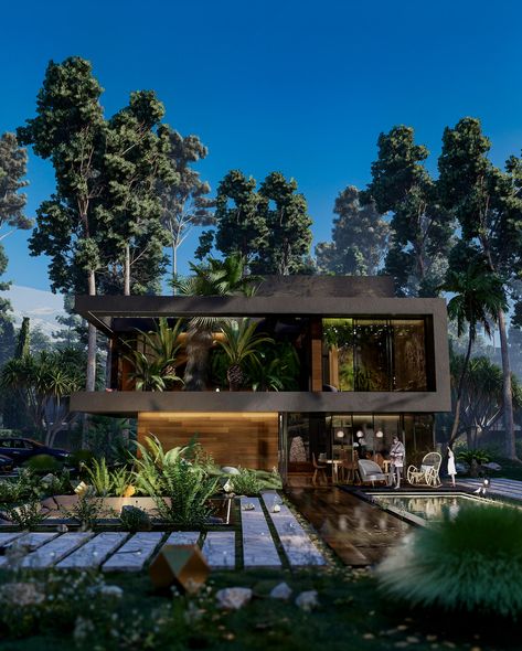 Hugging House: Modern Eco Home with Roof|Visualization Modern Mansion In The Woods, House In The Middle Of The Forest, Modern House In Nature, Modern House In The Forest, Modern Village House Design, House In Forest, House In The Forest, Eco House Design, Modern Tropical House