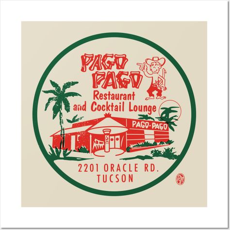 Pago Pago Lounge was a mid-twentieth century Tiki Bar named for and inspired by the capital city of Pago Pago on South Pacific Ocean island of American Samoa. Opened in 1947, it was the first Tiki themed restaurant and bar in Tucson, Arizona located in the Miracle Mile Historic District. -- Choose from our vast selection of art prints and posters to match with your desired size to make the perfect print or poster. Pick your favorite: Movies, TV Shows, Art, and so much more! Available in mini, s… Tiki Bar Restaurant, Tiki Restaurant, Tiki Design, Themed Restaurant, Ocean Island, Miracle Mile, Bar Tray, Cocktail Lounge, Bar Poster