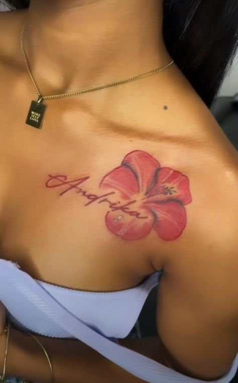 Shoulder Into Arm Tattoo, Medium Neck Tattoos For Women, Shoulder Tattoos Women Unique, Hibiscus Flower Tattoos Black Women, Tattoo Ideas Female Chest For Women, Medium Cute Tattoos, Hibiscus Hand Tattoo, Baddie Tats Hip, Name Chest Tattoo Female