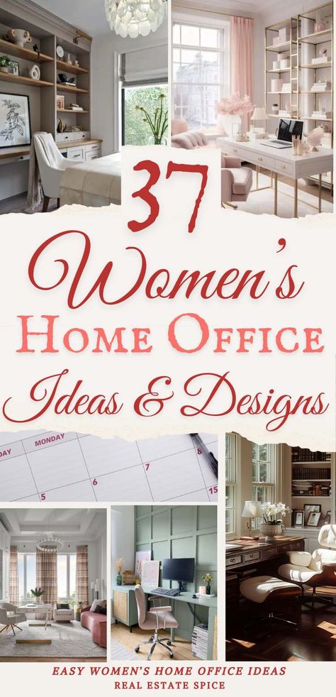 Transform your home office into the ultimate workspace and retreat with my 37 incredible home office ideas and design tips. Discover how the right desk, lighting, and seating can completely change the look and feel of your space. These ideas are designed to inspire and take you step by step, making it easy to create a stylish and comfortable home office. Don’t miss out on creating the home office of your dreams! Find more home ideas at RealEstateSpice.com Home Office Desk Inspiration, Womens Office Decor Ideas, Elegant Home Office Ideas For Women, Women Home Office Ideas, Feminine Home Office Classy, Womens Office Decor, Feminine Office Space, Office Decor Ideas For Women, Womens Home Office