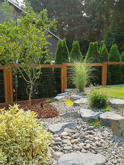 Dog Friendly, Dog Approved - Harmony Design Northwest Fall Landscaping Front Yard, Backyard Dog Area, Natural Stone Retaining Wall, Modern Yard, Dog Friendly Garden, Dog Friendly Backyard, Fall Landscaping, Stream Bed, Front Lawn Landscaping