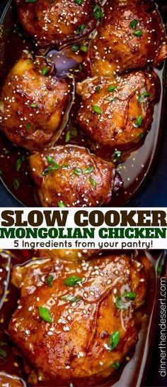 Slow Cooker Mongolian Chicken is a set it and forget it five ingredient recipe that is sweet, spicy, and full of garlic and ginger flavors! Slow Cooker Tikka Masala, Mongolian Chicken, Dinner Then Dessert, Slow Cooker Desserts, Slow Cooked Meals, Crockpot Dishes, Chicken Slow Cooker Recipes, Läcker Mat, Crockpot Recipes Slow Cooker