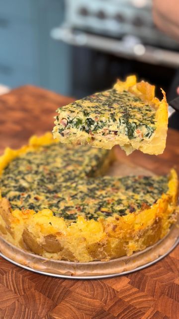 Bobby Parrish aka FlavCity on Instagram: "Bacon and Spinach Breakfast Quiche with a Potato Crust  Ingredients: 1.5 lb small potatoes Salt & Pepper 6 strips bacon 1 small onion, diced 3 cloves garlic, finely chopped 8-10 oz frozen spinach (thawed and liquid squeezed out) 6 eggs  1/2 cup whole milk Parmesan, grated finely  Directions: Preheat oven to 350F.  Add the potatoes to a pot of boiling water and add a generous pinch of salt. Let it cook for 10-12 minutes. Then take a spring form pan, line the bottom with parchment paper, and drizzle some olive oil on the bottom then spread that around. Take the potatoes and dump them into the pan. Then take a small cup and gently press down on the potatoes to smash them. Creating one even layer of potatoes all around the bottom and about 1-1.5 inches Potato And Bacon Quiche, Potato Crust Quiche Recipes, Quiche With Potato Crust, Bacon Spinach Quiche, Spring Form Pan, Bobby Approved, Bobby Parrish, Spinach Breakfast, Potato Crust