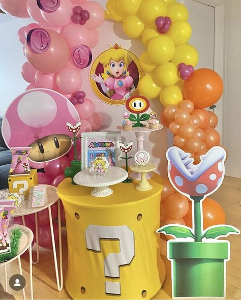 Peaches Party Theme Mario, Peaches Party Theme, Girly Mario Birthday, Princess Peach Party Ideas Decoration, Peaches Birthday Theme, Girl Mario Birthday Party, Princess Peaches Birthday Theme, Princess Peach Birthday Party Decorations, Mario And Princess Peach Birthday Party