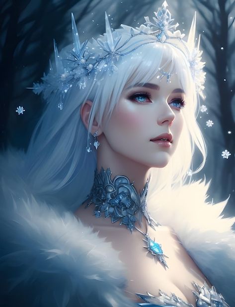 Ice Queen Illustration, Ice Goddess Fantasy Art, Ice Queen Anime, Fantasy Queen Art, Ice Queen Art, Winter Faerie, Ice Woman, Winter Fae, Snow Costume