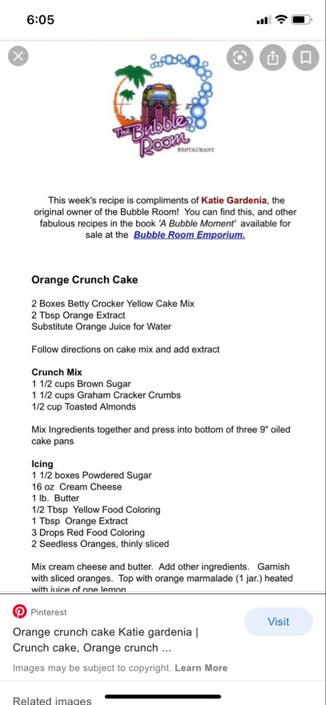 Katie Gardenia’s recipe from The Bubble Room Bubble Room Cake Recipes, Bubble Room Recipes, Bubble Room Orange Crunch Cake, Orange Crunch Cake Bubble Room Recipe, Bubble Room Orange Crunch Cake Recipe, Orange Crunch Cake Recipe, Orange Crunch Cake, Southern Supreme Fruitcake Copycat Recipe, Banana Crunch Cake 1973