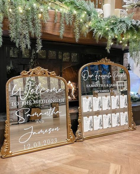 Writing On Mirror Wedding Diy, Gold Mirror Wedding Sign, We’re So Glad You’re Here Sign Wedding Mirror, Gold Mirror Wedding Sign Seating Charts, Gold Framed Mirror Wedding Sign, Vintage Gold Mirror Wedding Sign, Wedding Seating Chart Display, Mirror Wedding Signs, Greenery Wedding Theme