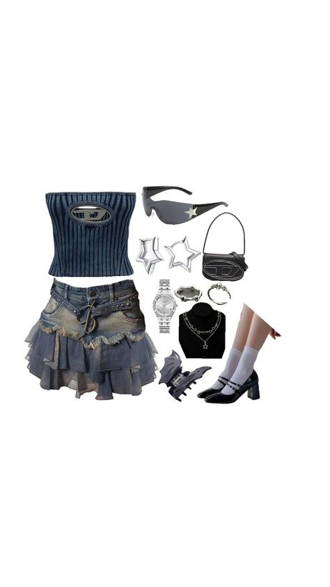 Playful and youthful with a hint of 90s nostalgia, ideal for casual outings or a day with friends. Dark Blue Tank Top, Silver Star Earrings, Chic Vibes, Mini Skirt Black, Black Handbag, White Socks, Star Logo, Themed Outfits, Blue Tank Top