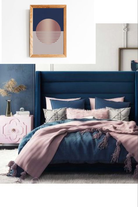 Blue And Pink Bedroom, Blue And Gold Bedroom, Rose Gold Bedroom, Rose Bedroom, Navy Bedrooms, Navy Blue Bedrooms, Gold Bedroom Decor, Silver Bedroom, Garden Retreat