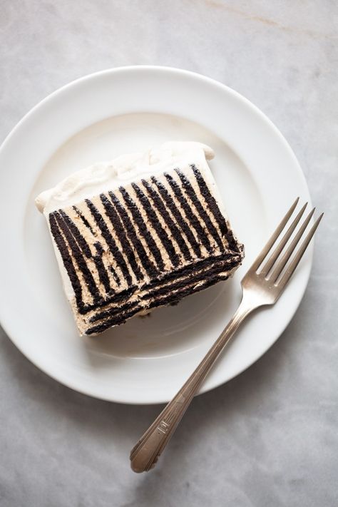 icebox cake with homemade chocolate wafers and caramel cream | ZoeBakes photo by Zoë François Nabisco Famous Chocolate Wafers, Wafer Cookie, No Bake Summer Desserts, Chocolate Wafer, Chocolate Wafer Cookies, Cake Mug, Famous Chocolate, Caramel Creams, Wafer Cookies