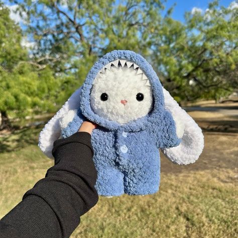 bunny in shark onesie 🦈🩶 pattern by me ☁️ plushie available on my etsy 🫧 #crochet #amigurumi #crochetbunny #crochetshark #crochetplushie #handmadeplush #amigurumibunny Shark Onesie, Onesie Pattern, Plushies Diy, Crochet Pattern Bunny, Crochet Shark, Bunny Crochet Pattern, Shark Costumes, Diy Yarn Crafts, Bunny Crochet