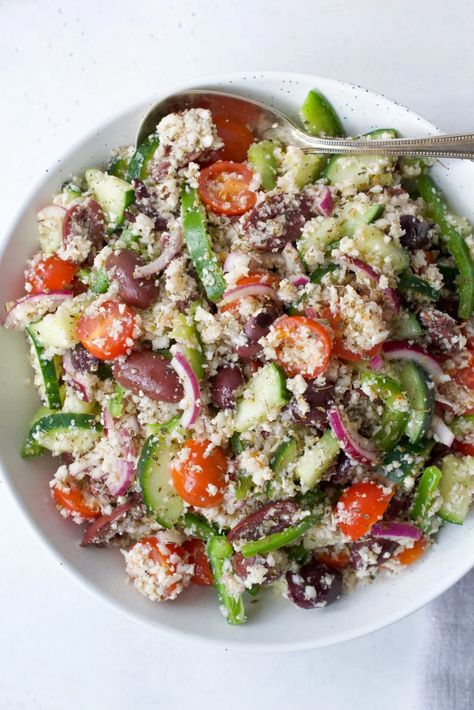 Greek Salad with Cauliflower Rice | Every Last Bite Salad With Cauliflower, Greek Couscous Salad, Whole30 Vegan, Cauliflower Couscous, Cook Meals, No Cook, Dairy Free Diet, Salad Toppings, Couscous Salad