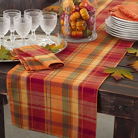 Terracotta Orange Holiday Harvest Plaid Runner. Fall Dec, Fall Dining Table, Outside Fall Decor, Fall Table Runner, Canadian Thanksgiving, Fall Table Runners, Fall Deco, Harvest Table, Thanksgiving Table Settings