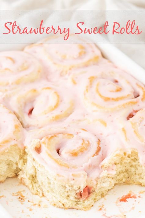 A summery twist on gooey cinnamon rolls, these strawberry sweet rolls, with strawberry glaze are the ultimate breakfast treat. So good for weekend brunch or a special celebration. via @cmpollak1 Strawberry Cinnamon Rolls Pillsbury, Strawberries And Cream Cinnamon Rolls, Strawberries And Cream Sweet Rolls, Vegan Strawberry Cinnamon Rolls, Sourdough Strawberry Sweet Rolls, Strawberry Sweet Rolls, Strawberry Rolls, Breakfast Cheese Danish, Gooey Cinnamon Rolls