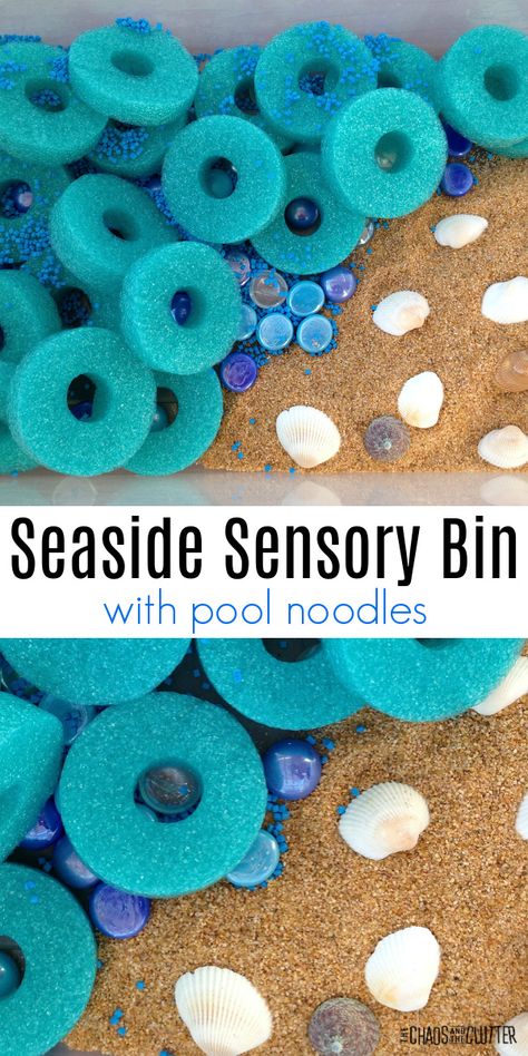 Give an old pool noodle new life with this adorable Seaside Sensory Bin. #sensorybin #sensoryplay #kidsactivities Scuba Vbs, Sensory Tubs, Sensory Tub, Adventure Summer, Montessori Bedroom, Ocean Adventure, Sensory Bags, Disney Babies, Baby Montessori