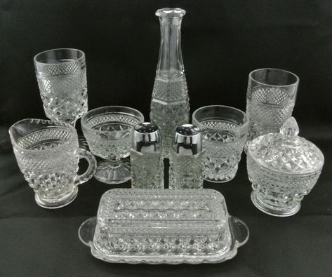 15 Most Valuable Antique Glassware: Patterns Identification Guide Vintage Fenton Glassware, Vintage Glassware Collectible Glass Collection, Crystal Glassware Antiques Patterns, Displaying Crystal Glassware, Glassware Decor Ideas, Crystal Dishes Display, Fostoria Glassware Patterns, Crystal Glassware Display Ideas, Displaying Vintage Glassware