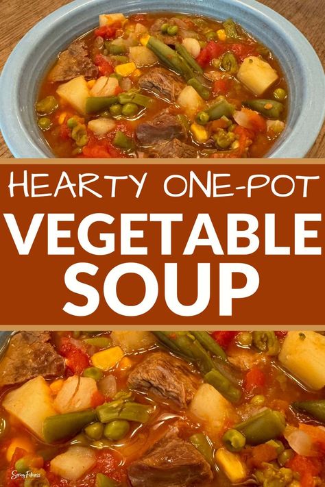 Southern-style homemade vegetable soup with tender beef stew meat, green beans, peas, corn, and tomatoes. This hearty one-pot meal is ready in 30 minutes, perfect for busy weeknights! #southernfood #vegetablesoup #beefsoup #fallrecipes Southern Vegetable Soup Recipes, Okra Vegetable Soup, Southern Vegetable Soup, Roast Vegetable Soup Recipe, Beef Green Beans, Okra Vegetable, Tender Beef Stew, Homemade Vegetable Soup, Roasted Vegetable Soup