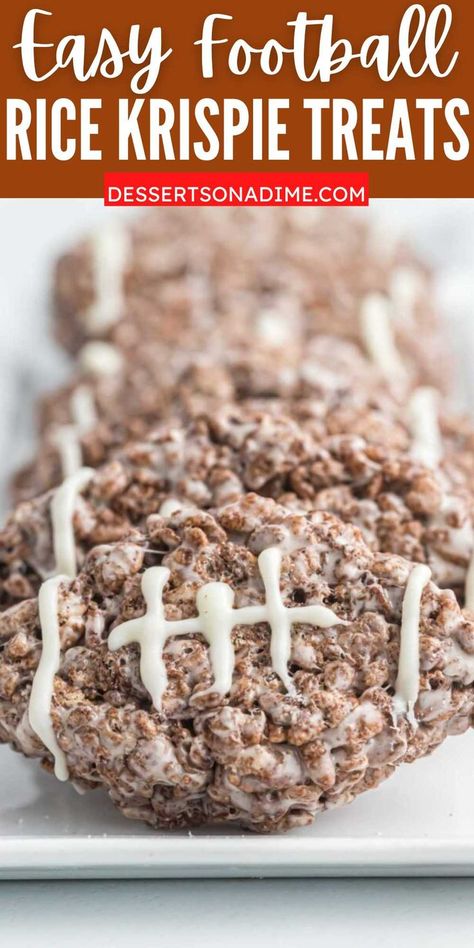 Game Day is even more fun with Football Rice krispie treats. With only 4 ingredients, these homemade chocolate football treats make the best dessert. We love to make these for Game Day. They are so simple to make for your next football party and loaded with chocolate. #dessertsonadime #footballricekrispietreats #gamedaytreats Chocolate Footballs, Rice Krispie Treats Recipe, Football Treats, Chocolate Rice Krispies, Cocoa Krispies, Krispie Treats Recipe, The Best Dessert, Cookie Pops, Peanut Butter Balls