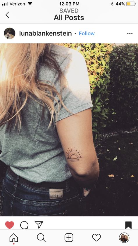 Sun Horizon Tattoo, Horizon Tattoo Minimalist, Horizon Tattoo, Above Elbow Tattoo, Inner Elbow Tattoos, Symbole Tattoo, Sunrise Tattoo, Sunset Tattoos, Elbow Tattoo