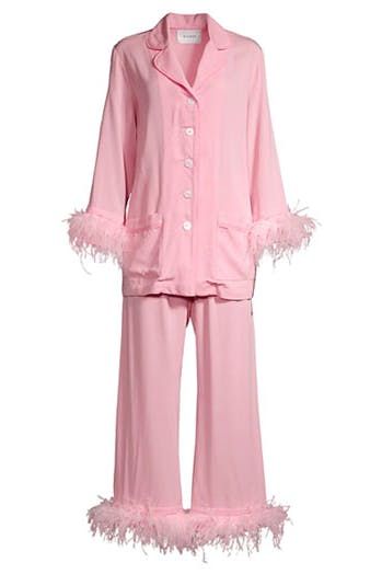 Feather Pajamas, Ostrich Feather Trim, White Pajamas, Pink Pajamas, Pockets Pants, My Fair Lady, Fair Lady, Notch Collar, Pajama Set Women