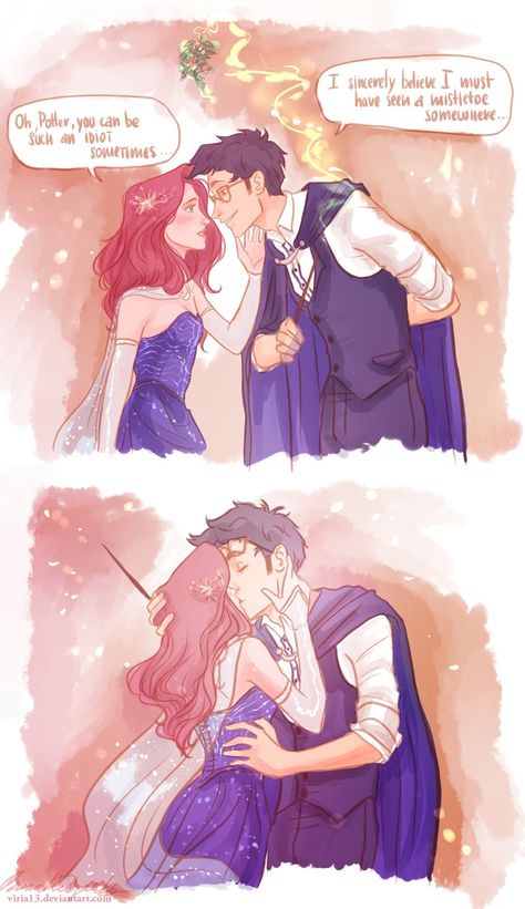 I must have seen a mistletoe somewhere.. by viria13.deviantart.com Fanart Harry Potter, James And Lily, Harry And Ginny, Lily Potter, Harry Potter Comics, Harry Potter Ships, Potter Art, Lily Evans, Lily James