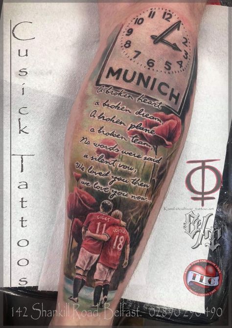 Manchester United Tattoo Ideas, Manchester United Tattoo, Man Utd Tattoo, Disaster Tattoo, Arsenal Fc Art, Munich Air Disaster, Belfast Tattoo, Love Vows, Family Tattoo