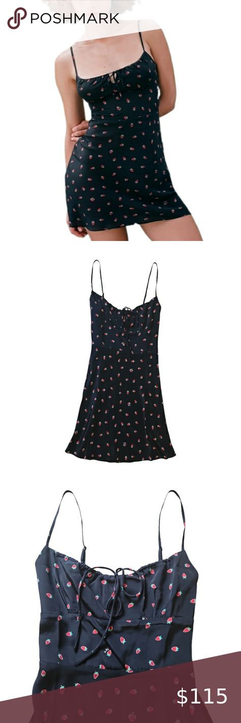 REALISATION PAR | Inez 100% Silk Strawberry Print Black Mini Dress in Size XS Realisation Par, Strawberry Print, Black Mini Dress, Black Mini, Invisible Zipper, Mini Black Dress, Dress Es, Dresses Skirts, Mini Dress