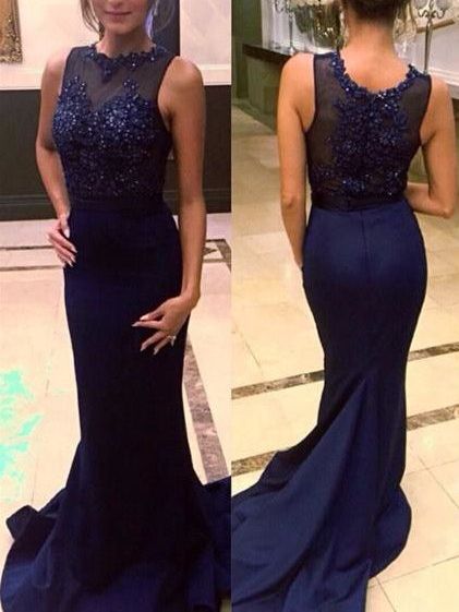 Jewel Neck Beaded Appliques Mermaid Evening Dress Navy Blue Lace Prom Dress, Mermaid Gown Prom, Navy Prom Dresses, Satin Formal Dress, Evening Dress Long, Marine Uniform, Custom Dress, Evening Party Gowns, Lace Formal Dress