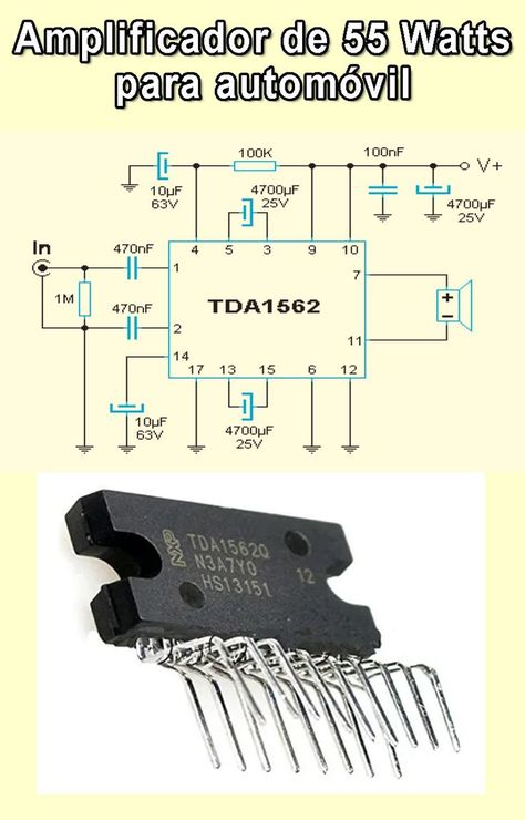 Proyecto de amplificador de audio 55W 12V con el circuito integrado TDA1562 Amplificador 12v, Electronic Schematics, Electronic Circuit Projects, Electronic Circuit, Electronics Projects Diy, Circuit Projects, Audio Amplifier, Circuit Diagram, Electronics Circuit