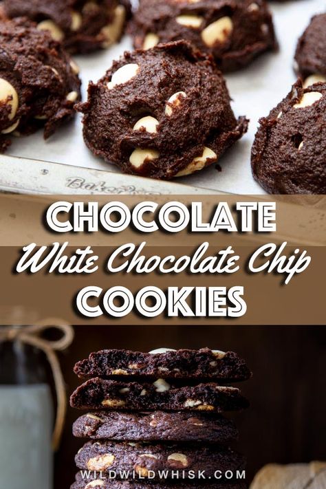 Chocolate White Chocolate Chip Cookies are oversized chocolate cookies filled with creamy white chocolate chips, slightly crispy on the outside and super chewy inside, milk’s new best friend! #wildwildwhisk Chocolate White Chocolate Chip Cookies, Buttery Shortbread Cookies, White Chocolate Chip, White Chocolate Chip Cookies, Individual Desserts, Easy Baking Recipes Desserts, Indulgent Desserts, Pinterest Recipes, White Chocolate Chips