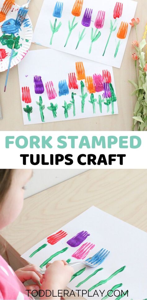 This Fork Stamped Tulips Craft is a fun and unique Spring craft perfect for toddlers and preschoolers!  #forkpainting #tulipcraft #springcrafts #craftsforkids Preschool Gardening, Silly Crafts, Aktiviti Tadika, Garden Installation, Spring Arts And Crafts, Babysitting Crafts, Garden Unit, Storytime Crafts, Maluchy Montessori